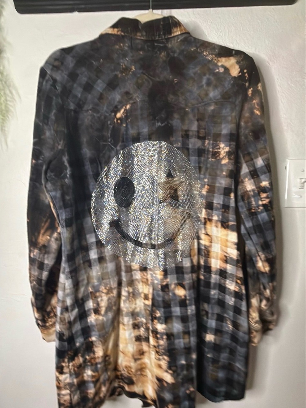 NWT Nu Vintage Bleached Black & Gray Plaid Shirt Jacket with Glitter Smiley